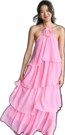 Chiffon Tiered Maxi Dress For Garden Party, Tiered Ruffle Maxi Dress For Bridesmaids, Spring Wedding Guest Maxi Dress, Feminine Tiered Maxi Dress For Party, Spring Chiffon Midi Dress With Tiered Skirt, Feminine Tiered Skirt Maxi Dress For Party, Summer Chiffon Maxi Dress With Ruffle Hem, Spring Bridesmaid Midi Dress With Ruffle Hem, Pink Tiered Maxi Dress For Wedding