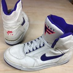 7/10 Amazing Shoe Sole Separation And Leather Cracking But It’s Still A Beautiful Super Rare Shoe! Vintage 90s 1992 High Top Purple/White Size 9 Us Mens Look At Photos Vintage Nike Sneakers With Boost Midsole, Vintage Nike Sneakers With Boost Technology, Vintage Basketball Shoes With Boost Midsole, Vintage Basketball Shoes With Boost Midsole And Round Toe, Vintage White Basketball Shoes With Boost Midsole, Vintage Leather Basketball Shoes For Sports, Vintage White Leather Basketball Shoes, 90s White Sports Sneakers, Retro Basketball Shoes With Round Toe For Light Sports