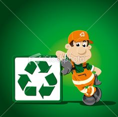 a cartoon character holding a recycle next to a sign with a recycling symbol on it