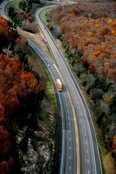 an aerial view of a highway in the middle of trees with orange and yellow leaves