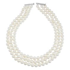 "Adorn yourself in the graceful beauty of this freshwater cultured pearl multistrand necklace. Comes in a gift box.NECKLACE DETAILS Length: 17 in. Clasp: safety Metal: rhodium-plated sterling silver CULTURED PEARL DETAILS Type: freshwater Shape: round Size: 8-9 mm Color: white  Size: 18"". Gender: female. Age Group: adult." Simple Pearl Pendant, Tahitian Pearl Ring, Necklaces White, Classy Girls Wear Pearls, Multi Chain Necklace, Black Pearl Necklace, Pearl And Diamond Necklace, Pearl Necklace Wedding, Freshwater Pearl Jewelry