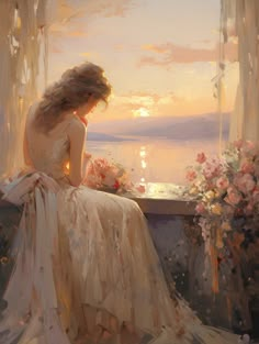 a painting of a woman sitting on a window sill looking out at the ocean