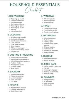 the household cleaning checklist is shown in green and white