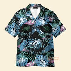 FamilyStore Leaves Tropical Floral Skull - Hawaiian Shirt Black Hawaiian Tops For Beach Season, Casual Tops With Sublimation Print And Camp Collar, Black Tropical Shirt For Summer, All Over Print Cotton Tops For Beach, Casual Black Hawaiian Shirt For Beach Season, Beach Cotton Tops With All Over Print, Cotton Beach Tops With All Over Print, Cotton Tops With All Over Print For Beach, Green Shirt With Custom Print For Summer