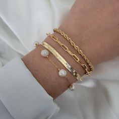 Elegant Personalized Pearl Bracelet For Everyday, Elegant Everyday Personalized Pearl Bracelet, Stackable Bangle Pearl Bracelet Gift, Stackable Pearl Bangle Bracelet Gift, Gift Stackable Bangle Pearl Bracelet, Trendy Gold Plated Bracelets As Gifts, Minimalist Stackable Pearl Bracelet Gift, Trendy Tarnish Resistant Gold Bracelet As Gift, Trendy Tarnish Resistant Gold Bracelet Gift