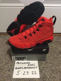 Hello! What we currently have for sale today is a brand new in box pair of 2022 Nike Air Jordan Retro 9 “ Chile Red”, sneakers in a size 6Y (Youth/Grade School). The actual color scheme of the shoes are Chile Red/Black. These are 100% new in box and authentic. 🔥🔥🔥Original MSRP on these was $140. Keep an eye out for several more fixed price auctions coming soon!! ****PLEASE KEEP IN MIND**** SHIPPING- Handled directly by eBay’s in house authentication program. RETURNS/REFUNDS/EXCHANGES- NOT ACC Red Mid-top Sneakers For Outdoor, Red Mid-top Outdoor Sneakers, Red High-top Sneakers With Rubber Sole For Outdoor, Red Lace-up High-top Sneakers For Outdoor, Red Outdoor Sneakers With Branded Insole, Red Casual Basketball Shoes With Boost Midsole, Casual Red Basketball Shoes With Boost Midsole, Red Low-top Basketball Shoes For Outdoor, Red High-top Outdoor Basketball Shoes