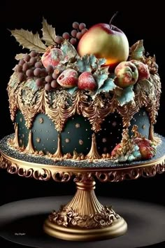 an elaborately decorated cake with fruit on it's top and gold trimmings