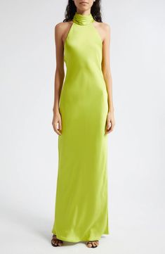 Ramy Brook Tatiana Halter Neck Satin Gown | Nordstrom Sleek Satin Maxi Dress, Sleek Satin Finish Maxi Dress For Prom, Sleek Satin Maxi Slip Dress, Sleeveless Satin Finish Gown For Night Out, Sleek Satin Maxi Dress For Evening, Sleek Satin Maxi Evening Dress, Sleek Satin Maxi Dress With Satin Finish, Satin Halter Neck Slip Dress With Back Opening, Sleek Halter Neck Satin Slip Dress