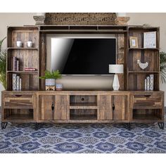 the entertainment center is made out of wood