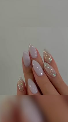 Simple Elegant Oval Nails, Gelx Short Oval, New Years Nails Sparkly Almond, Mani Nail Design, Neutral Nails Glitter Accent, Fall Wedding Nails Almond Shape, Bridal Jelly Nails, Matte Sparkle Nails Glitter, Black Glitter Nails Almond Shape