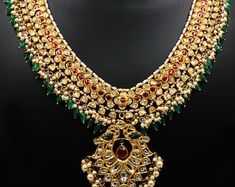 22k Gold Diamond Emerald Necklace, 22k Gold Ruby Necklace, Ethnic Diamond Jewelry, Gold Moughal Necklace, Jadau - Etsy 22k Gold Pendant Jewelry For Diwali, Ceremonial 22k Gold Meenakari Jewelry, Yellow Gold Tilla Jewelry For Navratri, 22k Gold Pendant Jewelry For Festivals, Navratri Yellow Gold Tilla Jewelry, 22k Gold Jewelry For Navratri Gift, Yellow Gold Kundan Necklace For Diwali, Traditional 22k Gold Pendant Jewelry, Temple Jewelry Necklaces With Jewels For Festivals