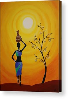 a painting of a woman standing in front of a tree with a vase on her head