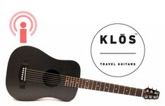 an acoustic guitar with the klos travel guitars logo above it and a radio icon