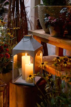 two lit candles sitting on top of a wooden table next to potted plants and flowers