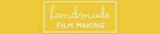 the handmade film making logo is shown in white on a yellow background with an image of