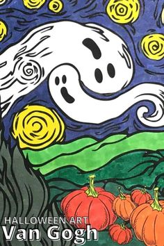 an image of a halloween painting with pumpkins in the foreground and a ghost above it