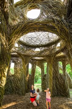 two children and an adult are standing in the middle of a sculpture made out of branches