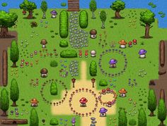 an image of a game screen with many different items in it and trees around the area