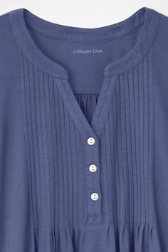 Our pintucked knit A-line tunic offers favorite henley styling with a notched "V" at the neck and contrasting metal buttons. A-line silhouette with fine pintucks in front and soft shirring under the back yoke. Imported. | Women's Pintucked Knit Henley A-line Tunic Top - Fig - PS - Petite Size Classic Henley Neckline Top With Buttons, Spring Henley Neckline Top With Placket, Pintuck Tops For Daywear In Fall, Fall Tops With Pintucks For Daywear, Fall Daywear Tops With Pintucks, Spring Button-up Henley With Buttons, Spring Button-up Henley, Henley Neckline Workwear Top With Buttons, Casual Split Neck Top With Buttons