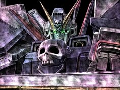 a drawing of a giant robot next to a skull