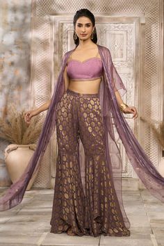 Mauve sharara with contrasting floral woven patterns. Comes with striped, polka pattern cape and a blouse. - Aza Fashions Floral Sharara, Cape Set, Backless Blouse, Draped Fabric, Set For Women, Aza Fashion, Fashion Set, Destination Wedding, Cape