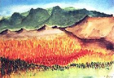 a painting of grass and mountains in the background