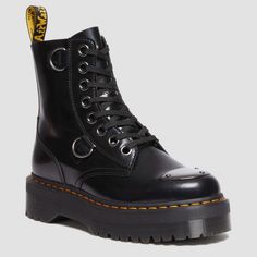 New In Box Dr. Martens Black Smooth Leather Jadon Boots With Metal Decorative Accent. Style: The Jadon Alt *Black Buttero Leather Buttero Is A Full-Grain, Smooth Leather, With A Satin Gloss *Oversized Gunmetal Hardware: D-Rings, 11mm Eyelets And A Metal Toe Plate. *8-Eye Boot Is Stacked *2 Inch Quad Retro Sole *Yellow Welt Stitching, And Tagged With A Black And Yellow Airwair Heel Loop. *True To Size Size 7 Platform Height: 1 1/2 In Heel Height: 2 In Black Calf Leather Platform Boots With Leather Lining, Black Edgy Moto Boots For Workwear, Edgy Black Moto Boots For Workwear, Black Calf Leather Combat Boots With Reinforced Heel, Black Calf Leather Boots With Leather Footbed, Black Combat Boots With Reinforced Heel In Calf Leather, Black Combat Boots With Lug Sole For Formal Occasions, Black Calf Leather Combat Boots With Round Toe, Black Leather Combat Boots With Leather Footbed