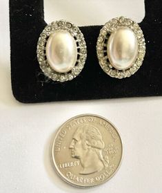 Vintage Marvella Oval Cabachon Pearl & Clear Rhinestone Border Halo Earrings | eBay Vintage Oval Rhinestone Jewelry, Halo Earrings, Vintage Costume Jewelry, Clear Rhinestones, Vintage Costumes, Faceted Bead, Costume Jewelry, Halo, Gold Tones