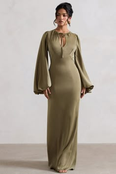 Wild Rose Olive Satin Puff-Sleeve Cut-Out Maxi Dress – Club L London - USA Hijab Fashion Summer, Bridesmaid Dress Ideas, Club L London, Black Dress Prom, Cute Modest Outfits, Fancy Dresses Long, Black Tie Gala, Elegant Dresses Classy, Voluminous Sleeves