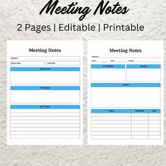 two page printable meeting notes with blue lines on the side and white paper underneath