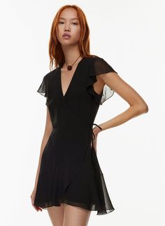 Flowy V-neck Ruffle Dress For Garden Party, Flowy Chiffon Wrap Dress, Summer Flowy V-neck Dress With Tie Waist, Flowy Summer V-neck Dress With Tie Waist, Elegant V-neck Chiffon Dress With Ruffle Hem, Party V-neck Chiffon Wrap Dress, Flowy V-neck Dress With Ruffles For Summer, Chic V-neck Chiffon Wrap Dress, Chic Chiffon V-neck Wrap Dress