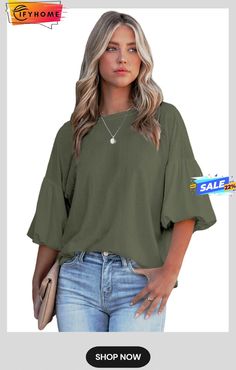 Green Joint Bubble Sleeve Round Neck Blouse Solid Color Crew Neck Blouse For Fall, Crew Neck Solid Color Blouse For Fall, Casual Solid Tops With Blouson Sleeves, Solid Color Summer Tops With Blouson Sleeves, Green Lantern Sleeve Tops For Fall, Casual Crew Neck Blouse With Blouson Sleeves, Casual Blouse With Blouson Sleeves And Crew Neck, Fall Green Lantern Sleeve Tops, Casual Lantern Sleeve Blouse For Work