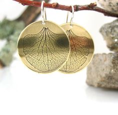 Hydrangea Petal Earrings, Handmade Brass Botanical Jewelry Nickel-free Leaf-shaped Brass Jewelry, Nature-inspired Round Brass Earrings, Nature-inspired Bronze Earrings For Gifts, Handmade Brass Earrings With Nature-inspired Style, Nature-inspired Leaf Shaped Brass Jewelry, Handmade Gold Botanical Earrings, Gold Earrings With Patina As A Gift, Gold Earrings With Patina For Gift, Hand Forged Bronze Nature-inspired Earrings