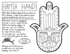 a hamsa hand with an image of a fish in the middle and words above it