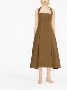 KHAITE Lalita Pleated cotton-blend Midi Dress - Farfetch Midi Dress Brown, Auburn Brown, Brown Midi Dress, Yoko London, Belted Jacket, Summer Beach Wear, Professional Look, Halter Neckline, Blouse Dress