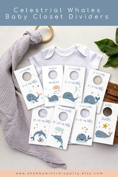 baby shower door hangers with the words, celestial whalees and sea creatures on them