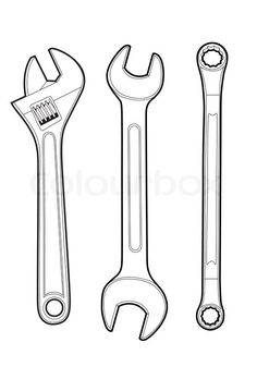 three wrenches and two spanners are shown in black and white, one is empty