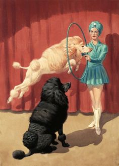 a painting of a woman and two dogs playing with a hula hoop in front of a red curtain