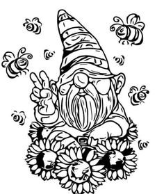 a black and white drawing of a gnome surrounded by bees, sunflowers and flowers