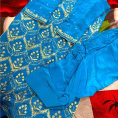 Beautiful Blue Embroidered Salwar Suit Totally New Never Worn 38 Bust Fitted Blue Sets With Intricate Embroidery, Fitted Blue Unstitched Suit With Dupatta, Blue Silk Salwar Kameez With Intricate Embroidery, Fitted Blue Salwar Kameez With Dabka Work, Fitted Blue Dupatta For Eid, Unstitched Blue Embroidered Fabric For Party, Blue Silk Sets With Intricate Embroidery, Blue Designer Unstitched Suit, Designer Blue Fitted Salwar Kameez