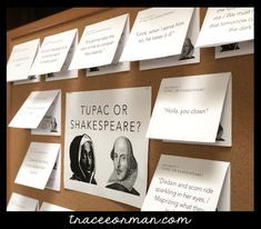 a bulletin board with shakespeare's notes attached to it