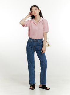 Product Detail Style : Casual Occasion : Back to school Print : Washed Material : Cotton, Denim Fit : Straight fit Cotton 100 Color : Dark blue, Light blue Made in Korea Model Size Model is wearing size S and the color Dark blue. Height : 5'5" | 165cm / Top : S / Bottom : S (26 inch) .prddescription table, .prddescription td, .prddescription th { border : 1px solid black; border-collapse : collapse; padding: 10px; } Size(Inch) Size Waist Hip Thigh Rise Hem Total Length S 25.2" 33.5" 20.1" 9.4" 8 Trendy Button-up Cotton Jeans, Casual Pink Denim Jeans, Casual Button-up Relaxed Fit Jeans, Casual Jeans With Button Closure, Casual Button-up Jeans For Everyday, Casual Cropped Jeans, Casual Blue Button-up Bottoms, Casual Button-up Jeans For Work, Casual High Waist Jeans For Day Out