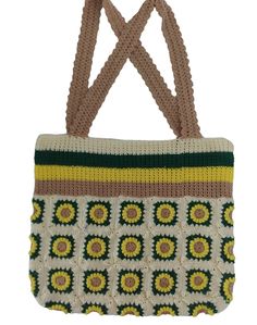 Green Crochet Tote Straw Bag, Green Crochet Straw Tote Bag, Knitted Tote Beach Bag, Yarn Tote Bag For Shopping, Green Handwoven Crochet Shopping Bag, Green Handwoven Crochet Bag For Shopping, Everyday Hand-knitted Crochet Yarn Bag, Square Crochet Straw Shopping Bag, Green Crochet Bag With Granny Square