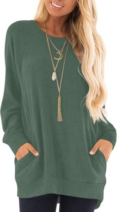 Women's Fall Long Sleeve T-Shirts Casual Tunic Tops for Leggings Loose Soft Blouses with Pocket Casual Wear Summer, Best Summer Outfits, Women's Winter Fashion, Summer Outfits Casual, Living Room Den, Fashionable Dresses, Mini Robes