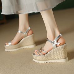 Heel Height: Super High (8cm-up) With Platforms: Yes Platform Height: 3-5cm Sandal Type: Modern Sandals Occasion: DRESS Outsole Material: RUBBER Back Counter Type: Front & Rear Strap Pattern Type: Solid Side Vamp Type: Open size: 34-39 heel height: 9.5cm Summer Shoes Wedges, Modern Sandals, High Heel Wedges, Buckle Sandals, High Heel Sandals, Wedge Shoes, Summer Shoes, Womens Sandals, Sandals Heels