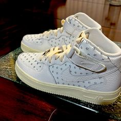 Very Rare & Unique Unique Nike Air Force Ones With Cut Out Stars Throughout The Entire Shoe. Brand New No Box. Women’s 6.5/ Eu 37.5 Nike High-top Custom Sneakers With Perforations, White Custom Lace-up Sneakers With Perforations, Nike White High-top Sneakers With Perforations, Custom White Sneakers With Perforations And Round Toe, White Custom Lace-up Sneakers With Studded Outsoles, Custom White Lace-up Sneakers With Studded Outsoles, Custom Nike Sneakers In White, Custom White Nike Sneakers With White Laces, Custom Nike Sneakers With White Laces