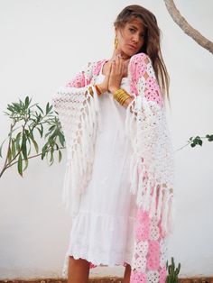 Very unique on of a kind hand made silk crochet from the 1960’s in pink and off white yarn up-cycled kimono style jacket with oversize sleeves and tassel details by Vagabond Ibiza. In perfect condition Free size Silk Crochet, Crochet Kimono, Kimono Style Jacket, Oversize Sleeves, Kimono Style, Kimono Fashion, Ibiza, Free Size, Hand Made