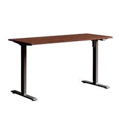 a wooden desk with metal legs and a white background