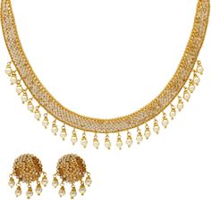 This radiant 22k yellow gold and polki jewelry set has an elegant and sophisticated design any women would love. The traditional polki stones used in this magnificent Indian jewelry set for women is enhanced by a dazzling assortment of white pearls to complete the look. Features • 22k yellow gold • CZ stones • Pearls • Filigree Virani Jewelers bridal jewelry made from 22k gold and precious gemstones brings together the beauty and significance of Indian culture and traditions. Find more beautiful Indian Jewelry Set, Indian Culture And Tradition, Indian Jewelry Sets, Polki Jewellery, Gold Bead Necklace, Bridal Jewellery Indian, Precious Gemstones, 22k Gold, Cz Stone