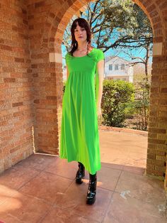 1960s mod empire waist maxi dress in the best neon slime green color! love the sleek and simple shape of this dress, easy to dress up or down. made of a mid weight polyester with a good amount of stretch. in excellent condition with no flaws to note! fits like a modern small bust: 32-35" empire waist: 30" hip: 50" length: 53" arm opening (across): 6-6.5" seen on grace 5'10" with 27" waist / 40" hip Fitted Green Maxi Dress With Empire Waist, Empire Waist Maxi, Empire Waist Maxi Dress, 1960s Mod, Simple Shapes, Vintage 1960s, Small Bust, Dress Clothes For Women, Empire Waist